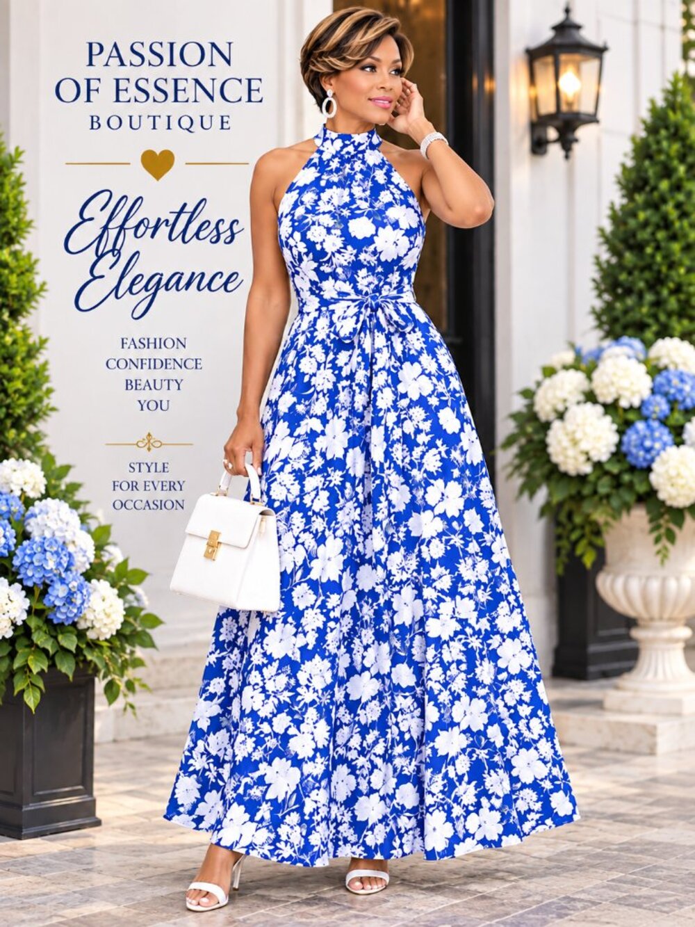 Blue White Floral Halter Maxi Dress Belted Elegant Size XL